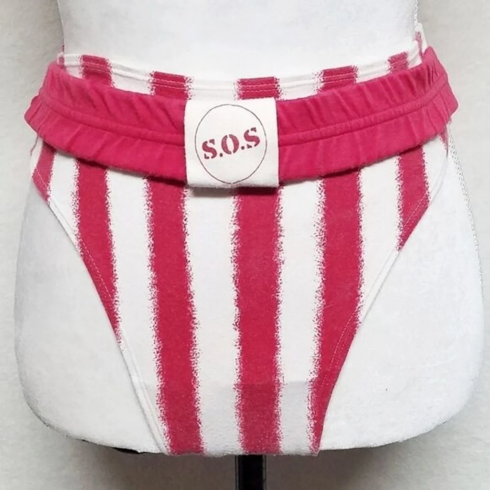 Rare Vintage Gitano SOS Red Striped High Waist Brazilian Triangle Bikini Set L